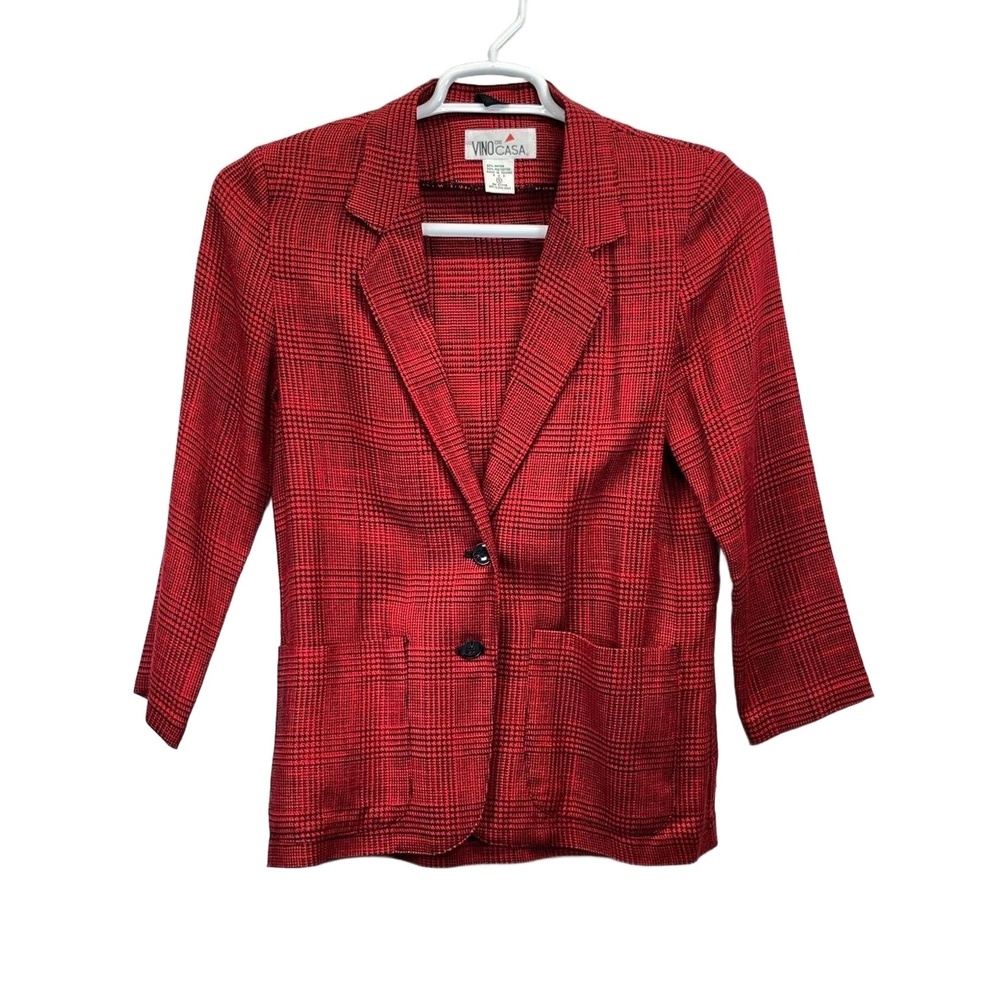 Vintage Vino de Casa Women's Red Plaid Rayon Blend One Button Blazer Size‎ 5